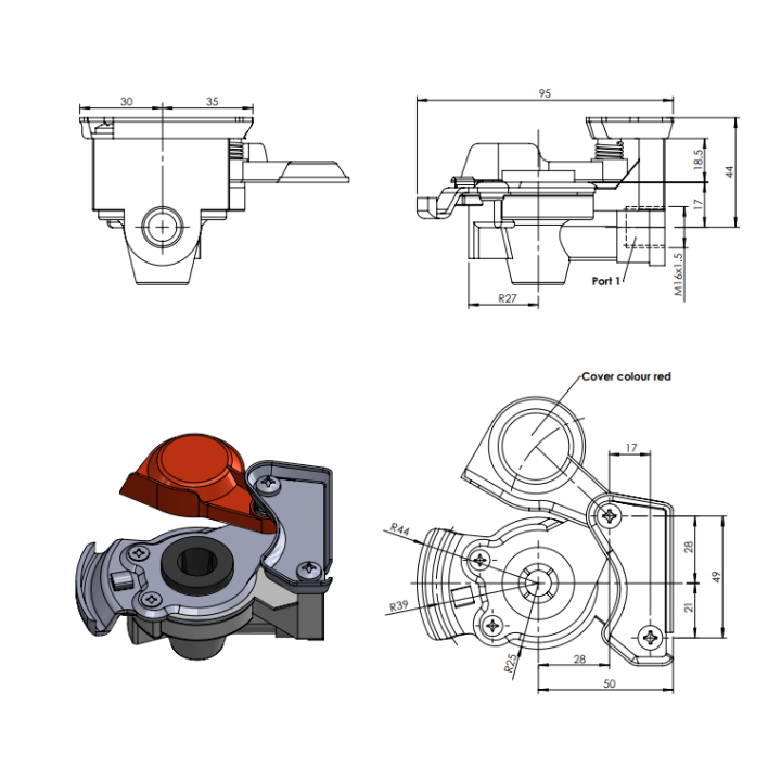 Łącznik hamulców pneumatycznych czerwony
