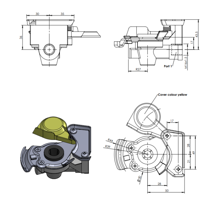 Łącznik hamulców pneumatycznych żółty